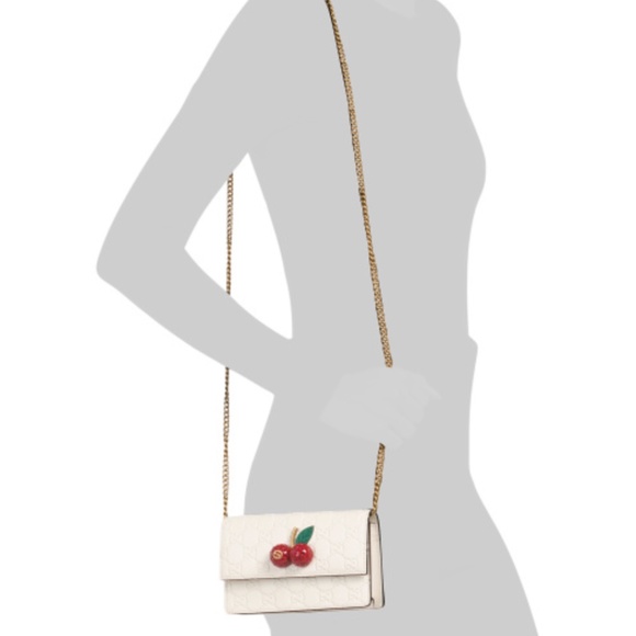 Gucci Guccissima Cherry accent Wallet on chain, mini crossbody white leather - Picture 14 of 16